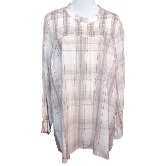 New Lane Bryant Smocked Boho Peasant Top Blouse Plus 18 Cream Pink Gold Plaid - Picture 2 of 10